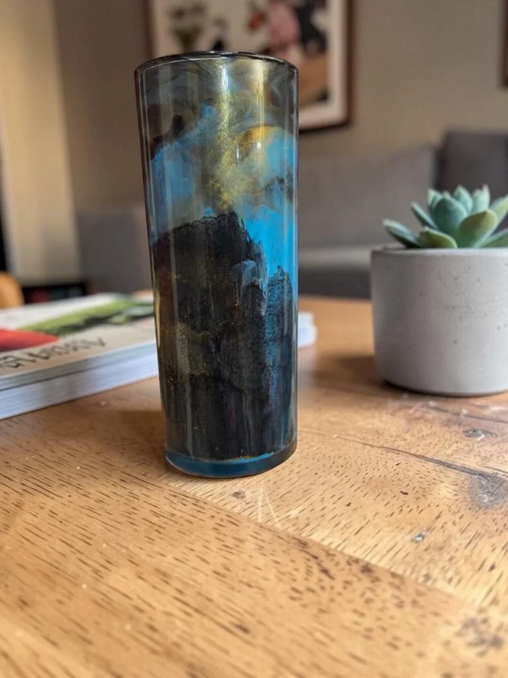 Handpainted OOAK Acrylic Pour Cylinder Vase, Teal Blue Black Gold, Unique Art